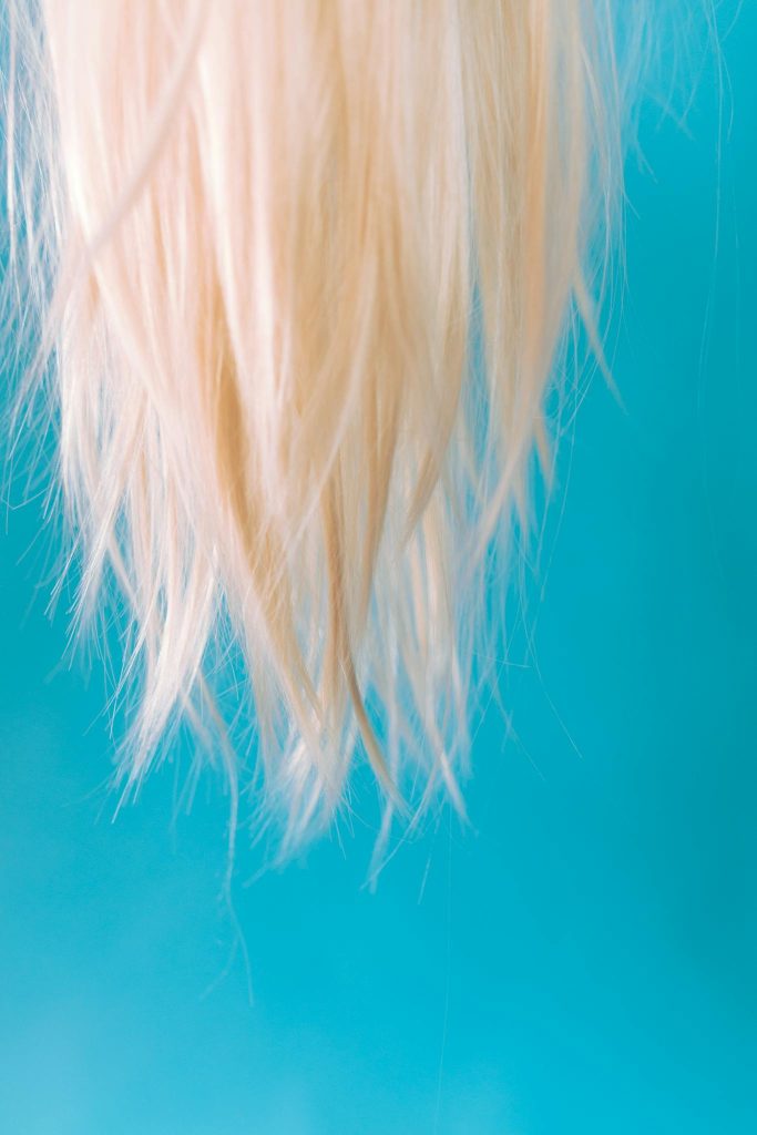 Upside Down Photo of Blonde Hair on Light Blue Background